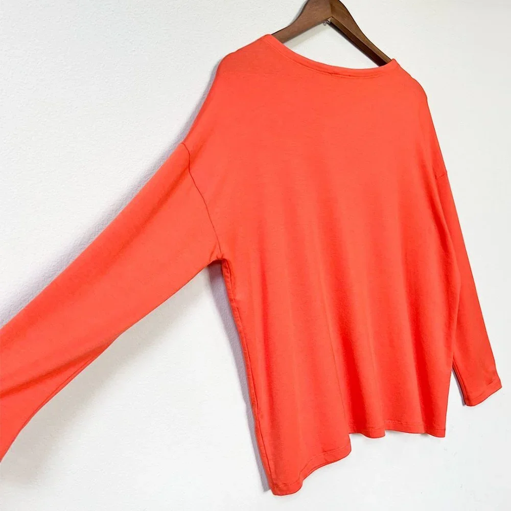 Eileen Fisher Tencel Stretch Terry Patch Pocket Long Sleeve Top Hot Red Orange M - Picture 10 of 15